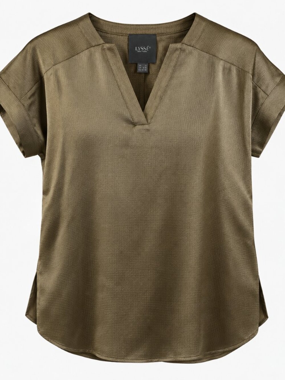 Lysse New York Olive Bronze Satin Split Neck Blouse Size Small NWT